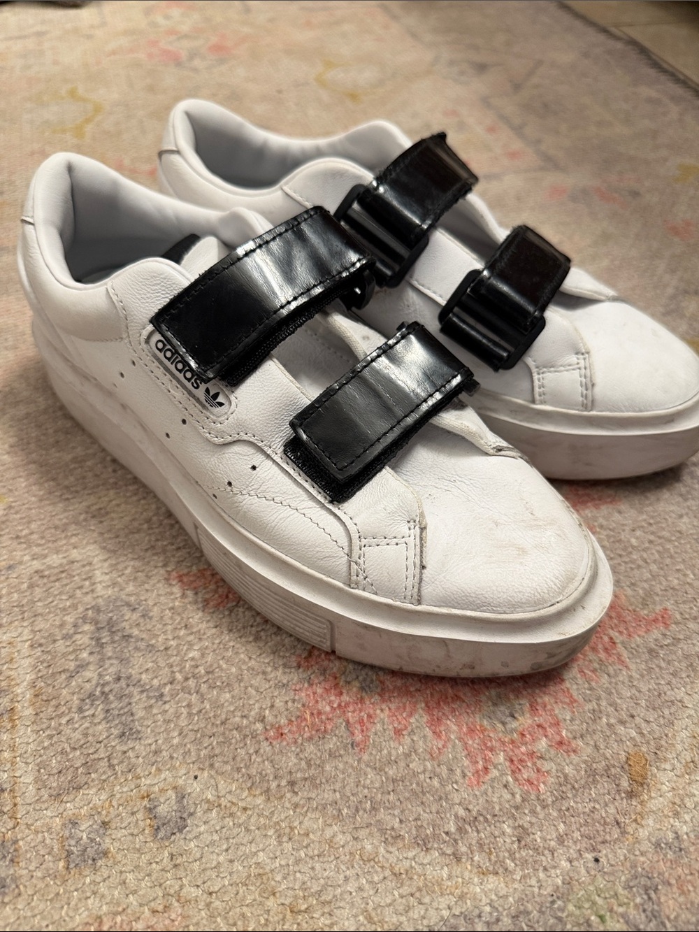 adidas White Leather Sneakers with Black Patent Strap Closures